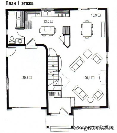 План коттеджа-особняка в колониальном стиле.