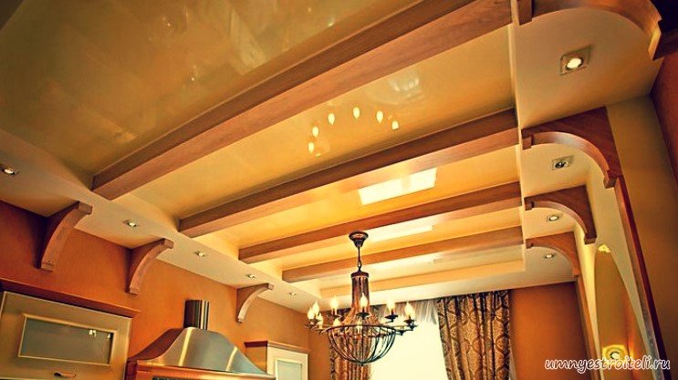 Натяжные потолки в интерьере кухни