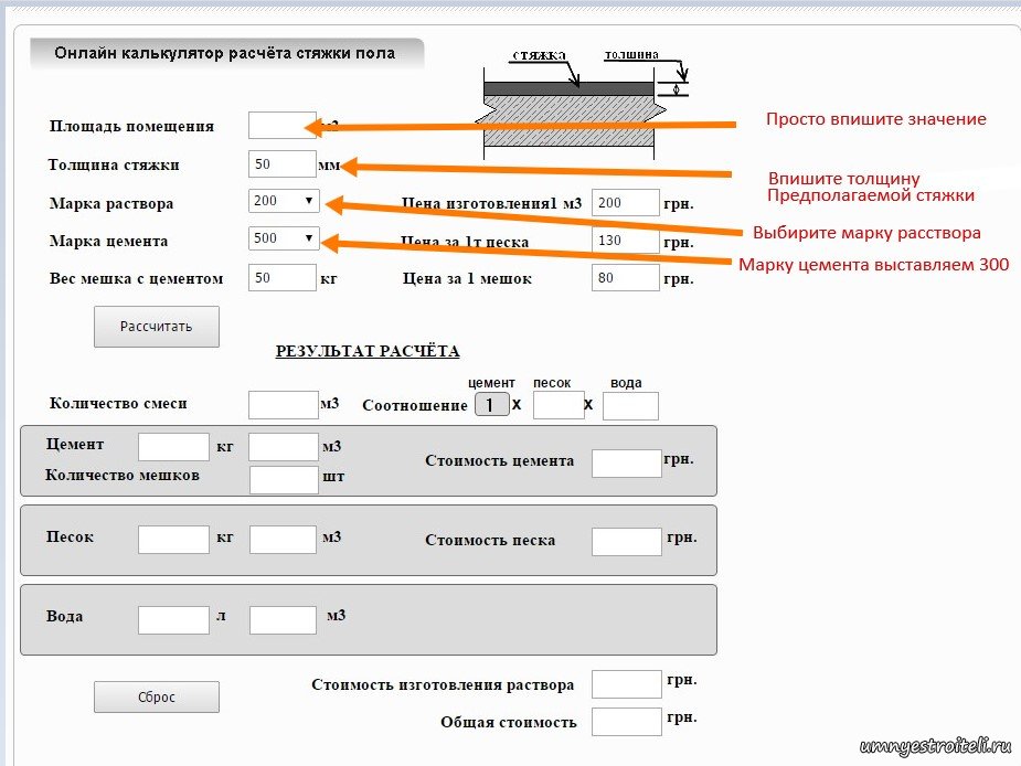  стяжки пола — Калькулятор для расчёта толщины стяжки и её .