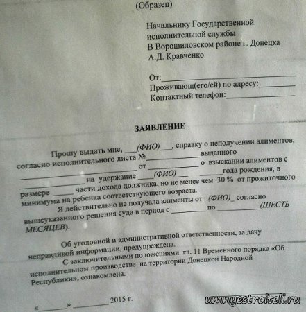 пример заявления на алименты в ДНР