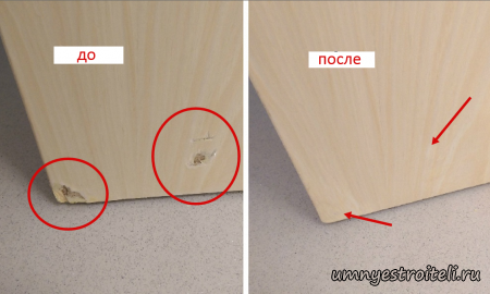 Реставрация скола угла шпонированной двери и основного полотна внизу двери