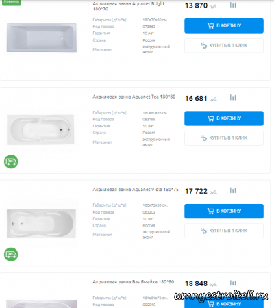 цена акриловых ванн больших размеров