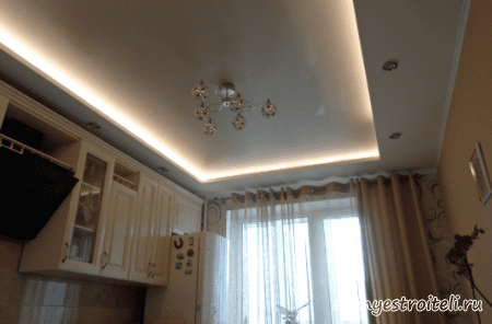 Потолок из гипсокартона на кухне + натяжной