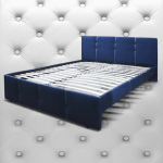Кровать в синей тканевой обивке
