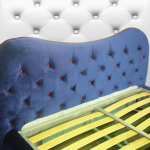 Двуспальная кровать в синей тканевой обивке с подъёмным механизмом