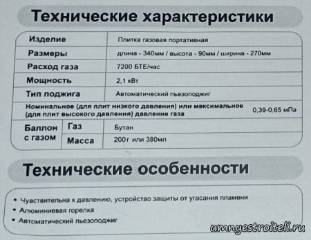 Технические характеристики газовой портативной печи